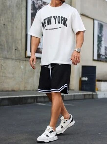 Aesthetic Post--Men's Round Neck Short Sleeve Letter Print Casual Basketball Jersey Style T-Shirt And Shorts Set - Black and White - View 4