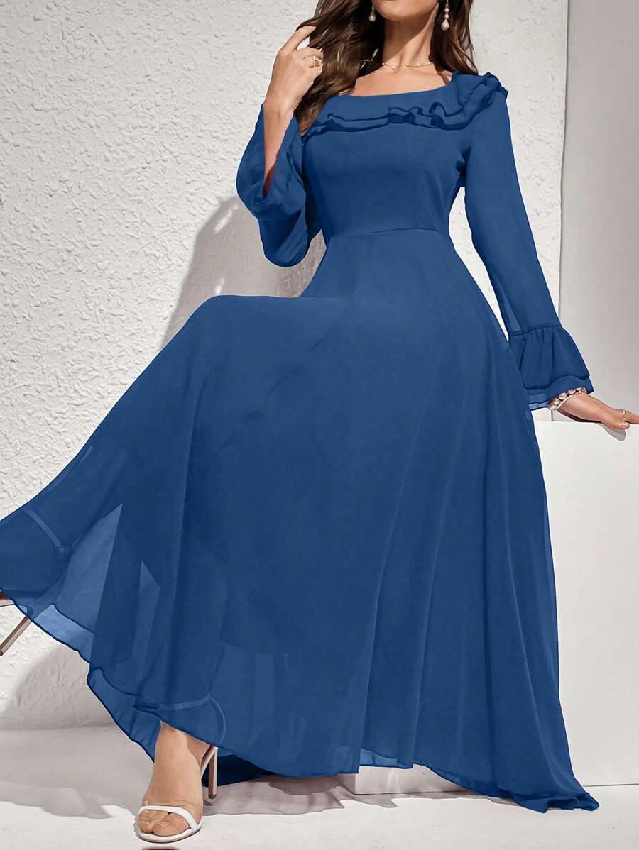 Modelyn 女士优雅纯色喇叭袖荷叶边下摆连衣裙,秋季长款女装 - 藍色 - 查看 1