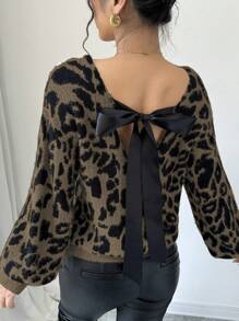 Chiquease 休闲豹纹提花针织毛衣，后背系带，秋冬针织套头衫 - 彩色 - 查看 2