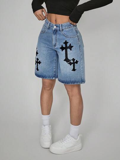 SHEIN PETITE 女式前扣口袋印花休闲牛仔短裤