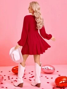 SHEIN LUNE Vestido elegante de mini falda rojo con cintura fruncida para fiesta/cita de Día de San Valentín para mujer - Rojo - Ver 7
