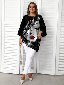 EMERY ROSE Camisa holgada de talla grande con estampado de rostro abstracto, estilo minimalista, para primavera y otoño