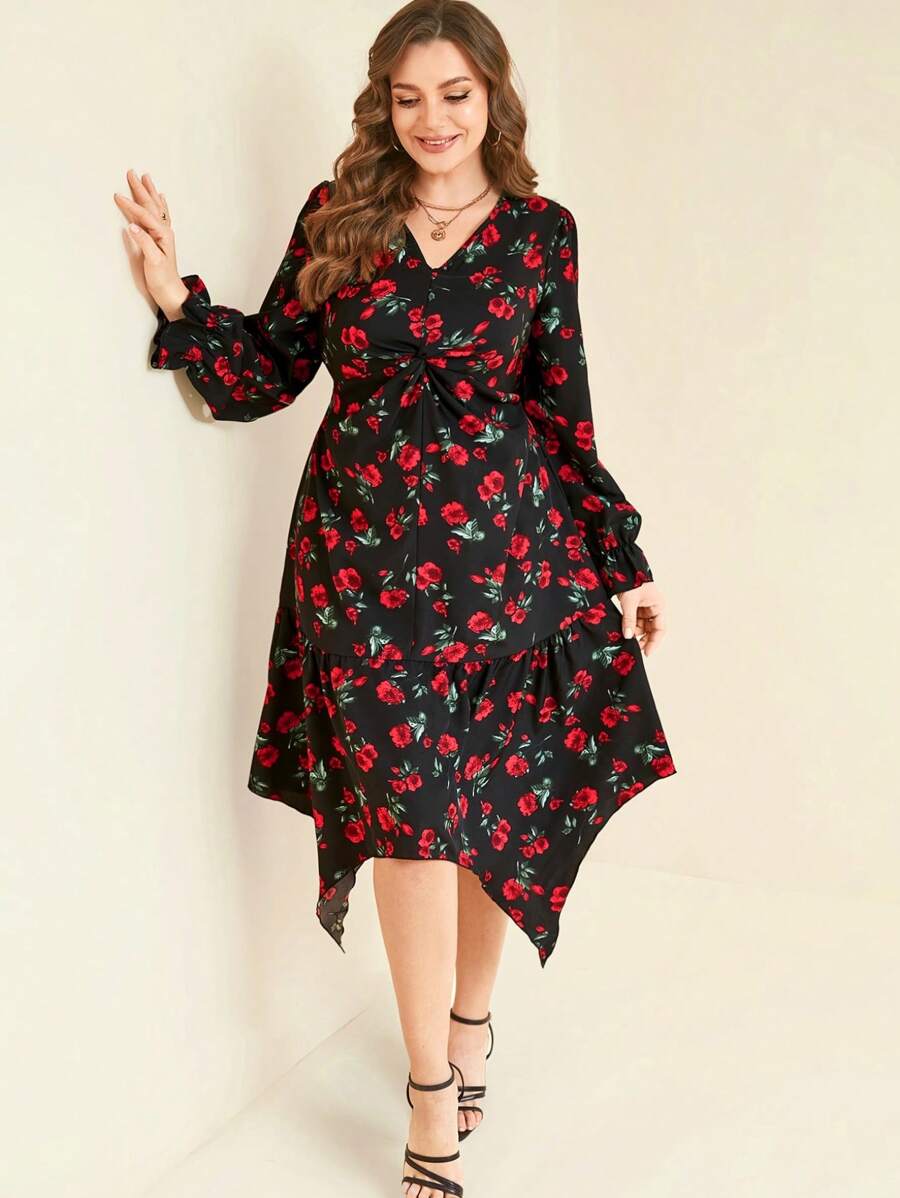 SHEIN Clasi Plus Size Rose Twist Asymmetrical Hem Dress, Women New Year Party Holiday Valentine Modest Dress