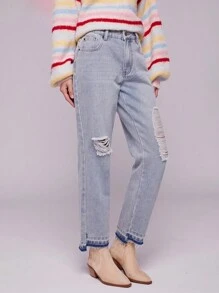 WESTFADE Jeans rectos de tiro alto con dobladillo escalonado y rotos, de primavera - Lavado ligero - Ver 5
