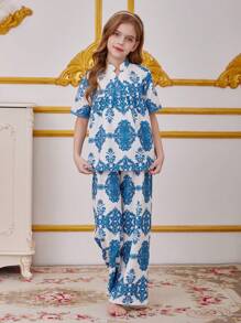 SHEIN Leap Crew 青少年女孩复古花卉印花领短袖和宽松裤子休闲睡衣套装，2 件套 - 藍白色 - 查看 4