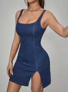 SHEIN PETITE 女式简约宽肩带修身短款开衩牛仔连衣裙 - 藍色 - 查看 3