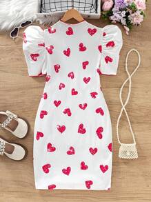 Tween Girl 紧身亮片印花效果心形羊腿袖连衣裙 - 彩色 - 查看 1
