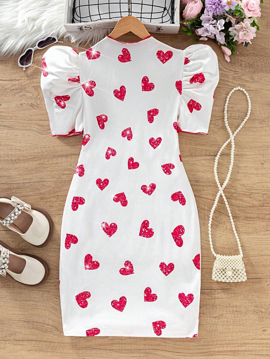 Tween Girl 紧身亮片印花效果心形羊腿袖连衣裙 - 彩色 - 查看 1