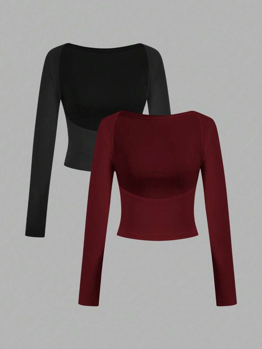 SHEIN EZwear 2 件套露背圆领长袖短款修身女式 T 恤，适合春秋季节 - 彩色 - 查看 1