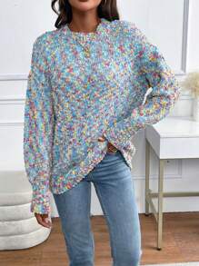 SHEIN LUNE Áo len nữ cổ tròn tay dài đơn giản, kiểu dáng thường ngày, thích hợp mặc mùa thu đông. - Màu xanh lam - Xem 7