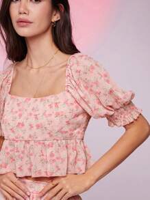 WESTFADE Áo crop top peplum cổ vuông tay bồng in hoa mùa xuân cho lễ hội - Màu be - Xem 4