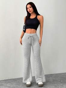 SHEIN PETITE Women's Casual Gray Knitted Elastic Waist Flared Sweatpants