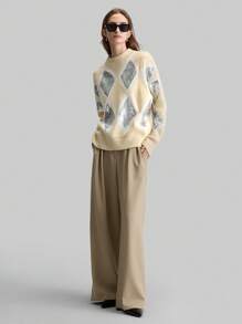 Ontre Suéter casual de primavera de uso diario con bloque de color, patrón de diamantes, bordado y decoración de lentejuelas en color albaricoque, estilo años 90 para mujer - Blanco - Ver 6