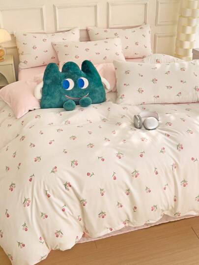 3 件套加厚涤纶清新花卉印花床上用品套件，可水洗，适合男生女生宿舍，宿舍装饰（1 个羽绒被套、2 个枕套、无填充物）