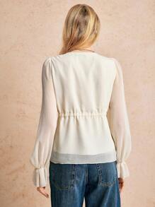 Poéselle Women's Drawstring At Waist Apricot Chiffon Lace-Up Flowing Ruffle Solid Color Long Sleeve Simple Fashion Casual Daily Blouse