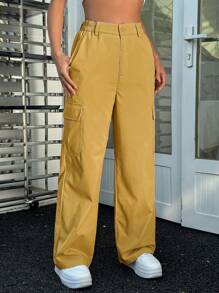 SHEIN Unity Casual Minimalist Versatile Solid Color Straight Cargo Pants Fall Cloth For Women - Yellow - View 4