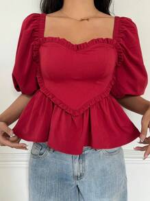 SHEIN Essnce Women's Solid Color Sweetheart Collar Short Sleeve Ruffle Hem Casual Blouse, Red Top