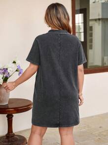 SHEIN LUNE Heavy-Wash Collared Casual Comfortable Pocket-Decor Plus Size T-Shirt Dress Boho Cowgirl Outfit Old Money Festival Bohemian Western Wear Women Hippie Summer Boho Old Money Summer Outfits For Women Spring Break Rave Outfits Festival Spring Break Outfits Cotton