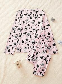 少女圆领长袖印花简约上衣和裤子睡衣套装 - 藕粉色 - 查看 2