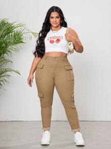 SHEIN CURVE+ Women's Plus Size Khaki Jeans High Stretch Denim Comfortable And Versatile Cargo Pocket Spring And Summer Jeans Slimming Tight Pants - Khaki - View 6
