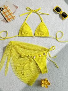 SHEIN Swim Women's Yellow Knitted Crochet Bikini Set With Sarong And Seashell Accents, Perfect For Beach Vacation For Summer - Yellow - View 1