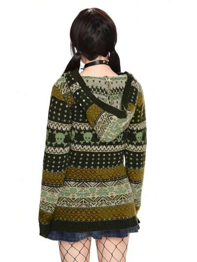 J-Fashion Suéter de punto con capucha para mujer, tejido con calavera y estampa, color verde oliva, para otoño/invierno