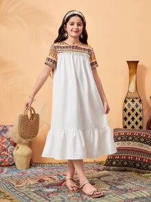 Tween Girl Casual Elegant Color Blocking Loose Fitting Dress - Multicolor - View 4