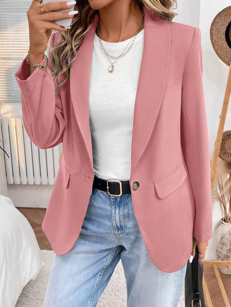 SHEIN LUNE 2024 Autumn/Winter New Grayish Green Women's Waist Cinching Button-Up Jacket Blazer Valentine's Day - Pink - View 1