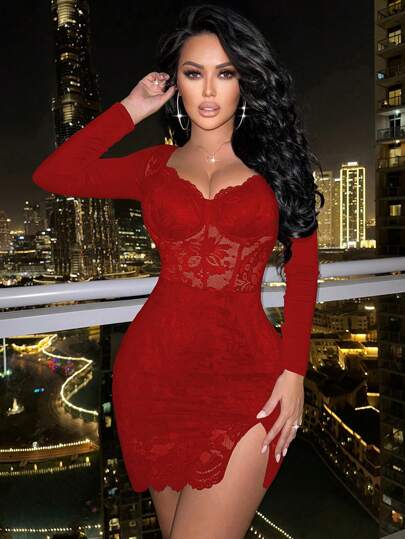 Allurite Red Sexy Lace Dress For Valentine's Day: Long Sleeve Curve-Hugging Mini Dress With Slit Fall Cloth For Women