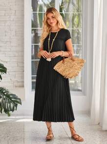 SHEIN LUNE Vacation Casual Pleated Round Neck Dress For Women, Summer
