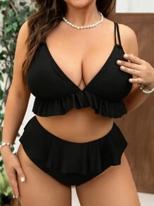 Swim Mod Plus Size Women's Black Ruffled Decor Swimwear Set Summer
