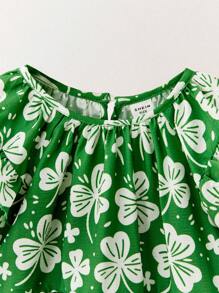 THE HAPPY LOOK Young Girls Vacation Casual Lucky Clover Print Puff Sleeve Dress