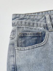 SHEIN EZwear 女士春夏情侣同款/说唱歌手/外出牛仔星星图案贴布直筒牛仔裤 - 淺藍色 - 查看 5