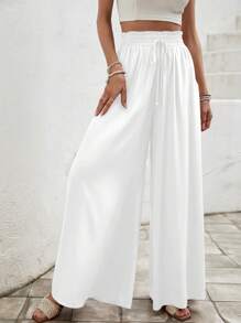 Easowa 度假休闲纯色阔腿裤 - 白色 - 查看 3