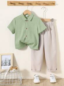 SHEIN 2pcs/Set Young Boys' Casual School Style Comfortable Fashionable & Versatile Soft Polo Shirt & Pants Set, Suitable For Daily Wear, School, Outings, Sports, Spring/Summer