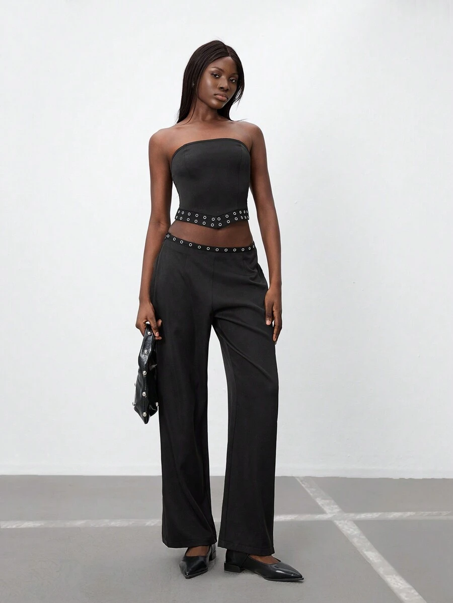 SHEIN Unity 2pcs/Set Women Solid Crop Top & Casual Loose Palazzo Pants - Black - View 1