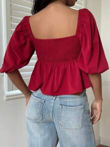 SHEIN Essnce Women's Solid Color Sweetheart Collar Short Sleeve Ruffle Hem Casual Blouse, Red Top