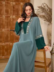 Al Najma Elaborately Crafted Beaded & Embroidered Loose Abaya Dress For Women, Arabian Dresses
