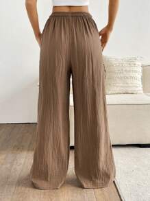 SHEIN EZwear Women's Solid Color Tie Waist Straight Leg Textured Loose Pants