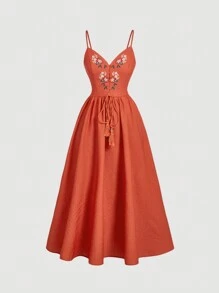 SHEIN MOD Front Mid Floral Print Waist Fit Flared Vacation Dress In Orange,Beach Vacation,Country Concert Outfit,Beach Vacation Outfits,Western Wear Women
