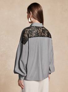 SHEIN Unity 女士条纹撞色蕾丝衬衫，休闲时尚，适合日常穿着 - 灰色 - 查看 2