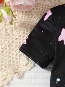 2 件套女婴休闲可爱针织荧光蝴蝶印花短袖上衣和蝴蝶印花短裤，舒适紧身衣套装 - 黑色 - 查看 8