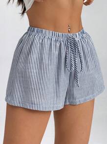 SHEIN PETITE Quần short cạp trễ kẻ sọc cho kỳ nghỉ hè trên bãi biển - Màu xanh hải quân - Xem 6