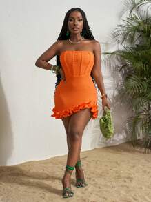 Slaydiva Women Spring/Summer New Music Festival, Western, Bohemian, Wedding, Easter, Nashville, Birthday Party, Graduation, Student, Daily Casual, Versatile, Leisure, Cruise Travel, Beach, Sunbathing, Viral Strapless Dress With Textured Fabric, Ruffled Hem, Asymmetric Hem, Orange