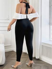 SHEIN Unity Plus Size Women Elegant Knitted Black & White Rhinestone Buckle Belted Jumpsuit - Black and White - View 2