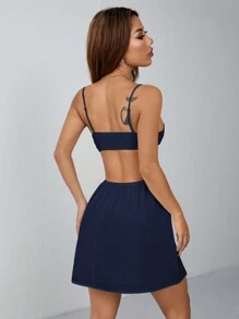 SHEIN PETITE 女士度假白色腰部镂空 V 领后背缆绳吊带连衣裙 - 藏蓝色 - 查看 2