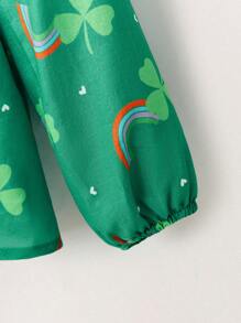 THE HAPPY LOOK Young Girl Round Neck Long Sleeve Lucky Green Clover Print Minimalist Casual Top, Everyday Wear, Suitable For St. Patrick's Day - Multicolor - View 3