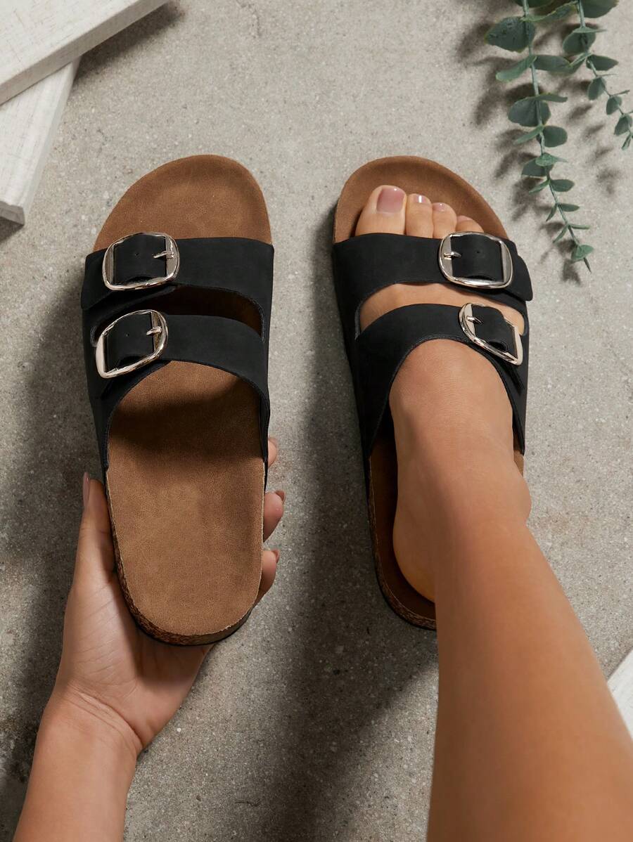 SHUZIA Sandalias cómodas y esenciales con doble hebilla y plantilla de corcho para mujer, zapatos de primavera para vacaciones de primavera y Pascua - Negro - Ver 1