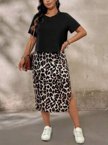 SHEIN LUNE Plus-Size Women'S Boho Summer Black T-Shirt + Leopard Print Side Slit Skirt Casual Women'S 2-Piece Set