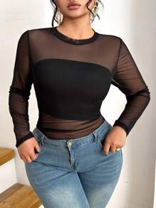 Elenzga 大码经典百搭黑色性感圆领长袖网眼 T 恤 - 黑色 - 查看 3